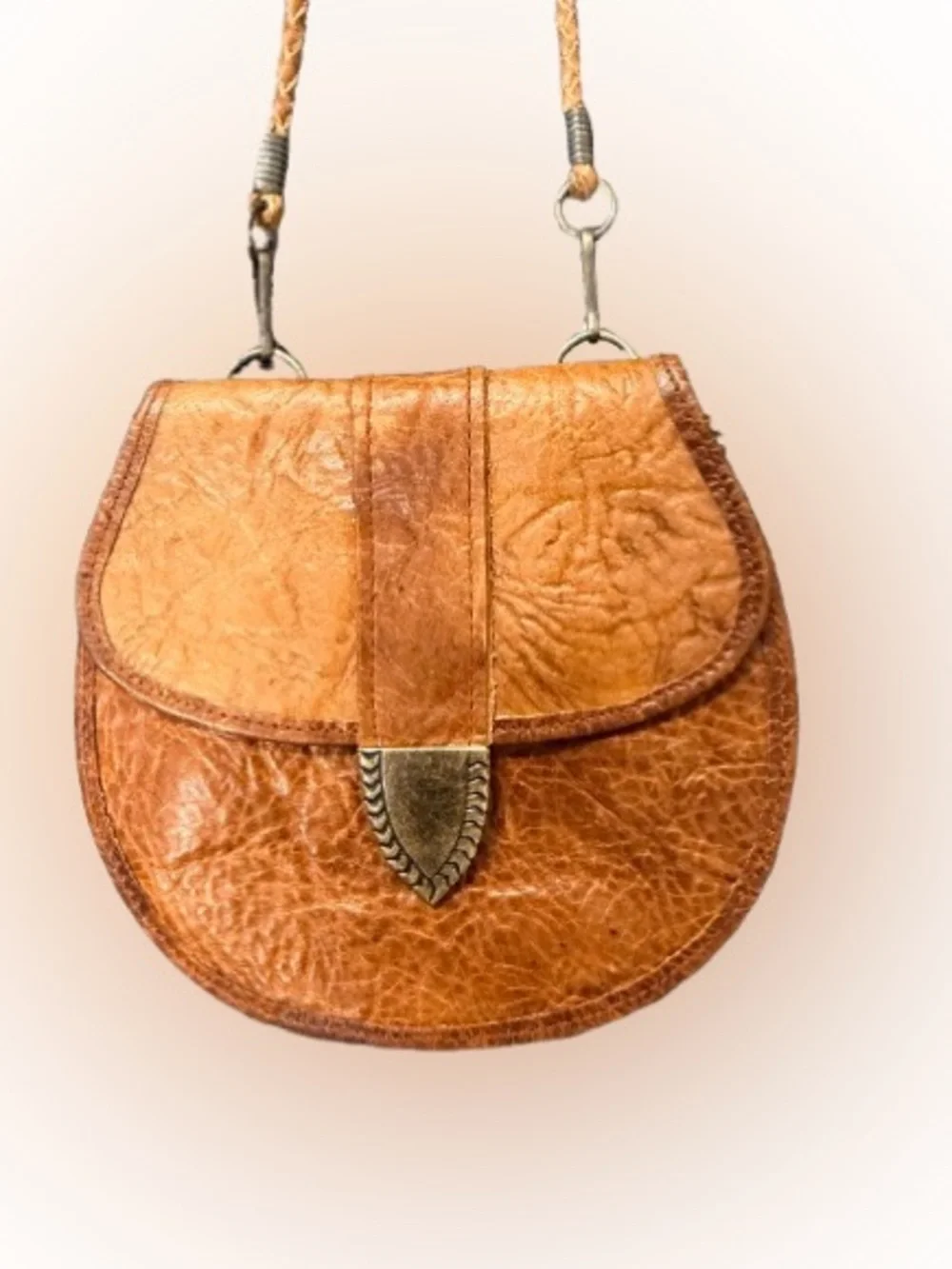 Vintage Tooled Leather Mini Crossbody Bag Cognac Boho Festival Purse 5.5x5